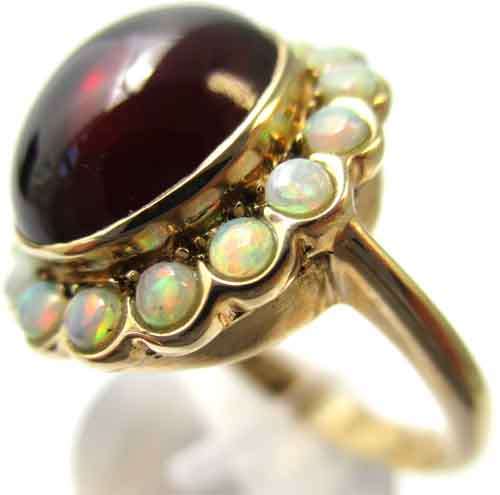 Superb, Huge 9ct. Solid Gold Natural Garnet & Australian Opals Ring