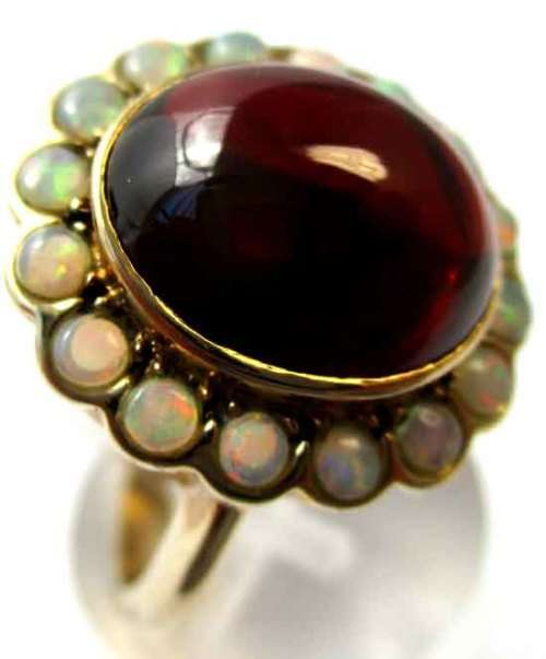 Superb, Huge 9ct. Solid Gold Natural Garnet & Australian Opals Ring