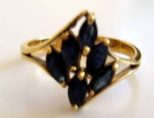Elegant 14 ct Solid Gold & Marquise cut  Blue Sapphires Ring