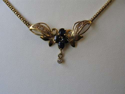 9ct. Solid  Yellow  Gold Necklace with Blue Sapphire and Diamonds