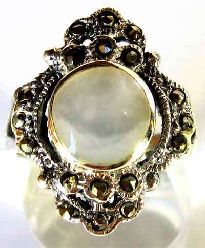 Sterling Silver, Marcasite and  mother of pearl ring.