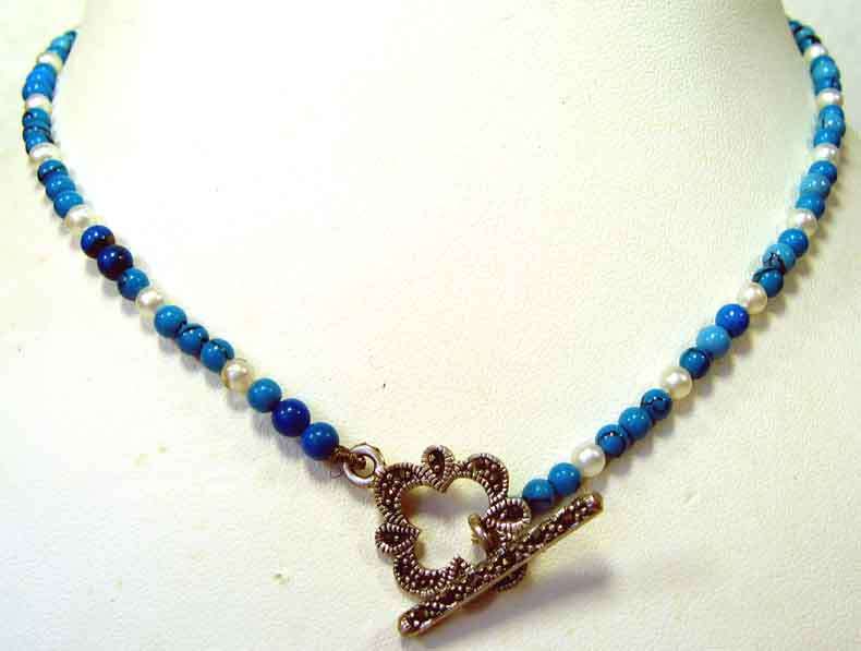 Genuine Turquoise, Cultured Pearls & Sterling Silver Clasp Necklace.