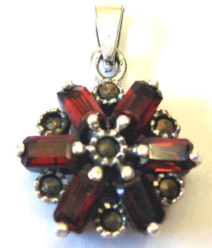 Beautiful, Sterling Silver, Marcasite  and Genuine Garnets Pendant.
