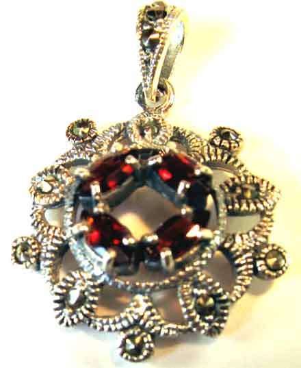 Pretty Silver, Marcasite and Garnet Pendant.