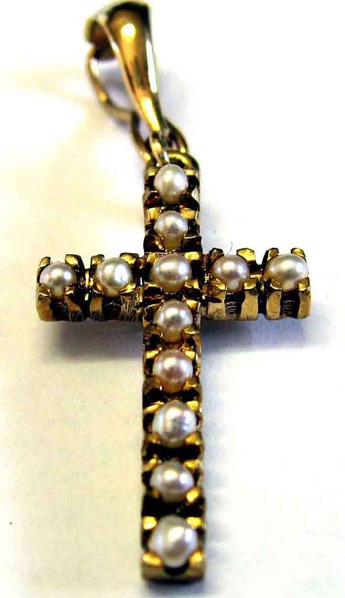 Beautiful , 9k Gold and Cultured pearls -Hand made Pendant / Cross