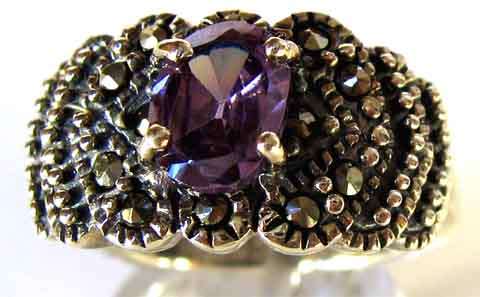 Sterling Silver, Marcasite and Geanuine Amethyst  Ring.