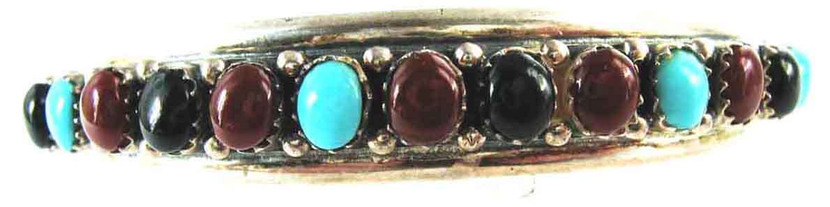LOVELY, STERLING  SILVER, TURQUOISE, BLACK ONYX, AND CARNEIAN BANGLE.