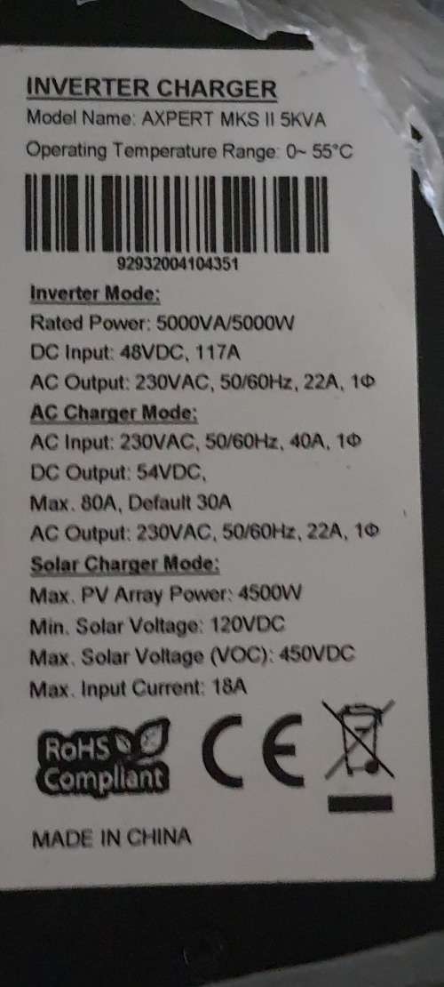 AXPERT AXPERT 5K MK2 5000VA/5000W INVERTER 48V DC WITH 4500W 450VDC MPPT CHARGER