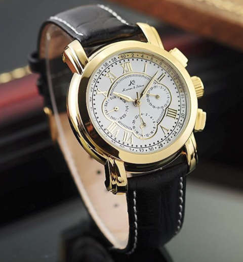 **Genuine!!**Kronen&Söhne Golden 6 Hands Luxury Leather Automatic Mechanical Men's Sport Wrist Watch
