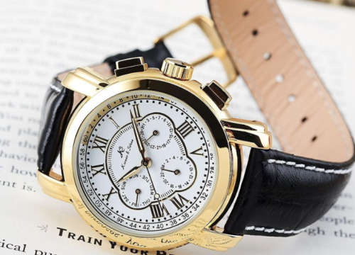 **Genuine!!**Kronen&Söhne Golden 6 Hands Luxury Leather Automatic Mechanical Men's Sport Wrist Watch