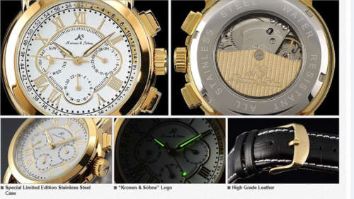 **Genuine!!**Kronen&Söhne Golden 6 Hands Luxury Leather Automatic Mechanical Men's Sport Wrist Watch