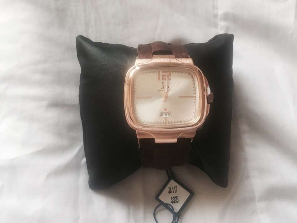[R5320!!] Joshua & Sons Rose Gold Square Case Swiss Quartz Watch w/ White Dial & Brown Leather Strap