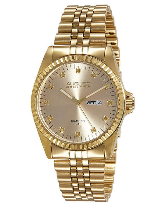 AUGUST STEINER®  MEN'S  STAINLESS STEEL BRACELET WATCH ACCENTED W/ 12 GENUINE DIAMOND HOUR MARKERS