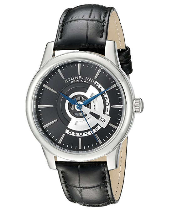 STUHRLING ORIGINAL®  MEN'S  SYMPHONY CALFSKIN LEATHER STRAP BLACK WATCH W/ BOX & MANUAL