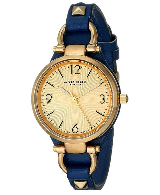 AKRIBOS XXIV® WOMEN'S SWISS YELLOW GOLD ENGRAVED SUNBURST DIAL & BLUE CALFSKIN LEATHER