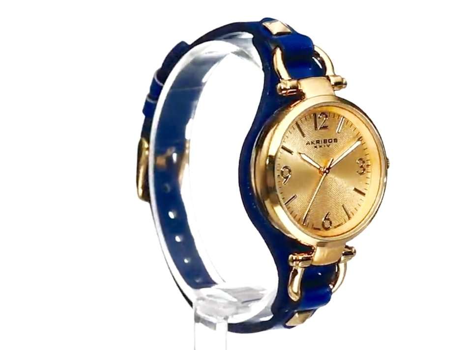 AKRIBOS XXIV® WOMEN'S SWISS YELLOW GOLD ENGRAVED SUNBURST DIAL & BLUE CALFSKIN LEATHER