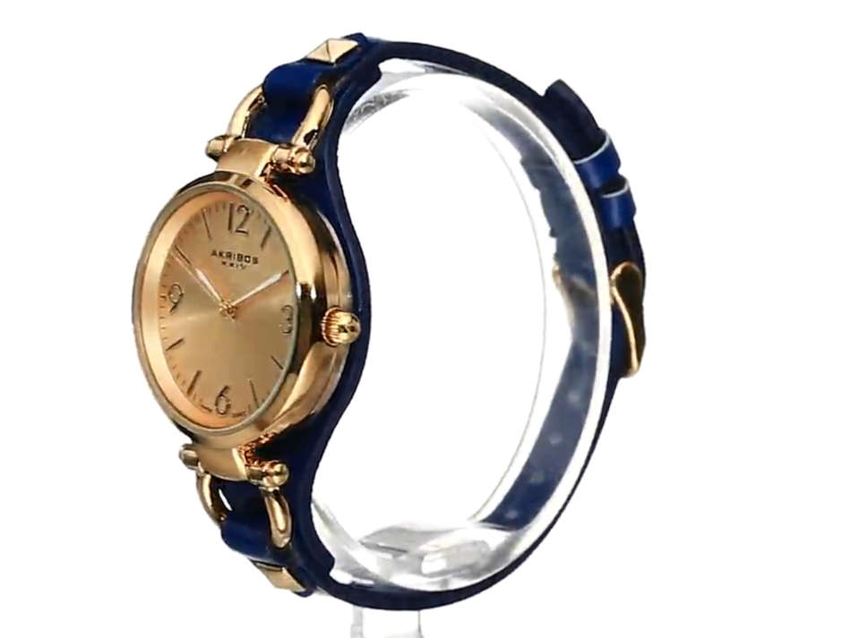AKRIBOS XXIV® WOMEN'S SWISS YELLOW GOLD ENGRAVED SUNBURST DIAL & BLUE CALFSKIN LEATHER
