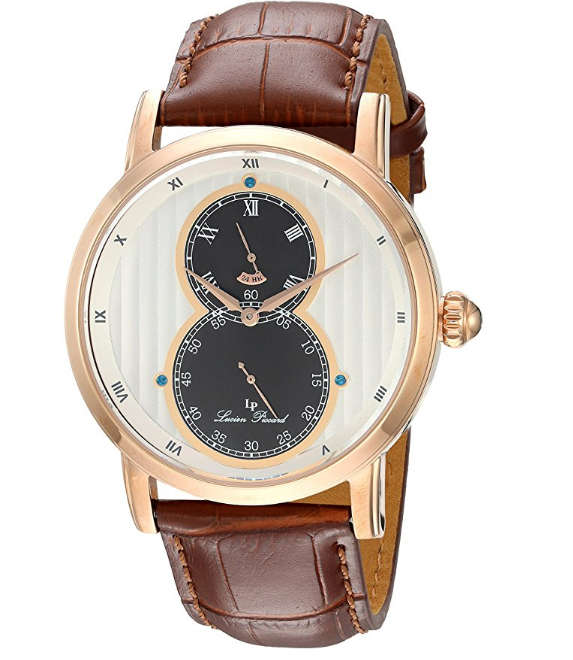 LUCIEN PICCARD® SWISS LEGEND QUARTZ STAINLESS STEEL AND LEATHER AUTOMATIC WATCH, COLOR:BROWN
