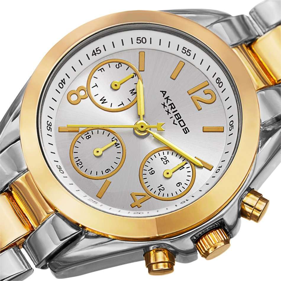 AKRIBOS XXIV® WOMEN'S  TWO TONE SWISS QUARTZ WATCH W/ BOX & MANUAL