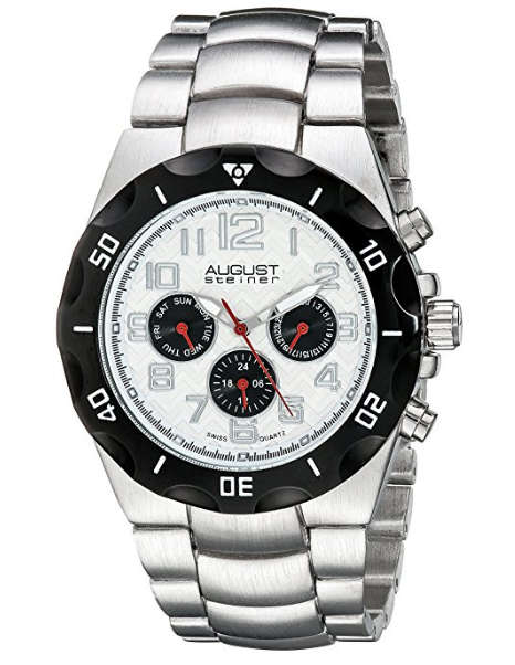 *Genuine* AUGUST STEINER® MEN'S SILVER MULTIFUNCTION SWISS QUARTZ WATCH WITH WHITE W/ BOX & MANUAL