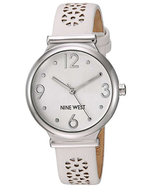 **GENUINE** NINE WEST® WOMENS SILVER-TONE AND WHITE LEATHER STRAP WATCH W/  BOX & MANUAL