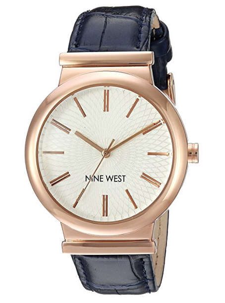 **GENUINE** NINE WEST® WOMEN'S ROSE GOLD-TONE AND NAVY BLUE CROCO-GRAIN STRAP WATCH W/  BOX & MANUAL