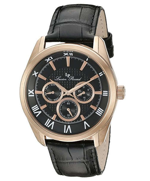 LATE ENTRY R7500.00 I LUCIEN PICCARD® SWISS LEGEND BLACK LEATHER BAND CASUAL WATCH W/ BOX & MANUAL