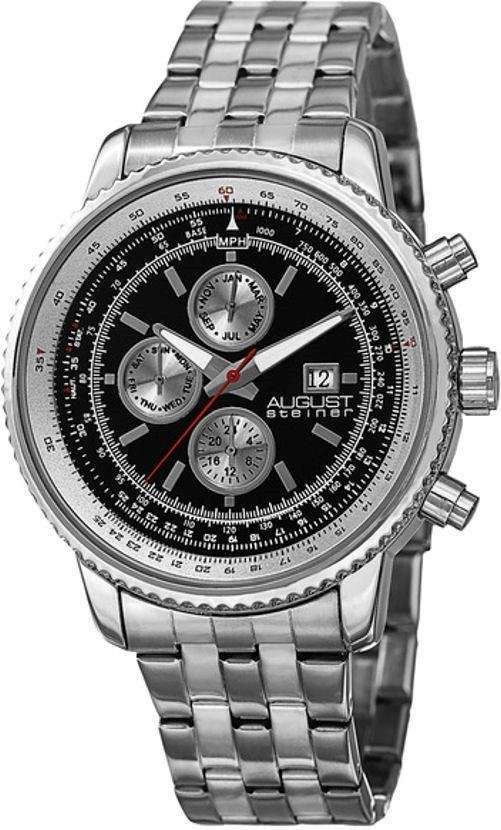 AUGUST STEINER ® MENS SWISS QUARTZ TACHYMETER TWO TIME ZONE DATE SUBDIAL QUARTZ BRACELET WATCH