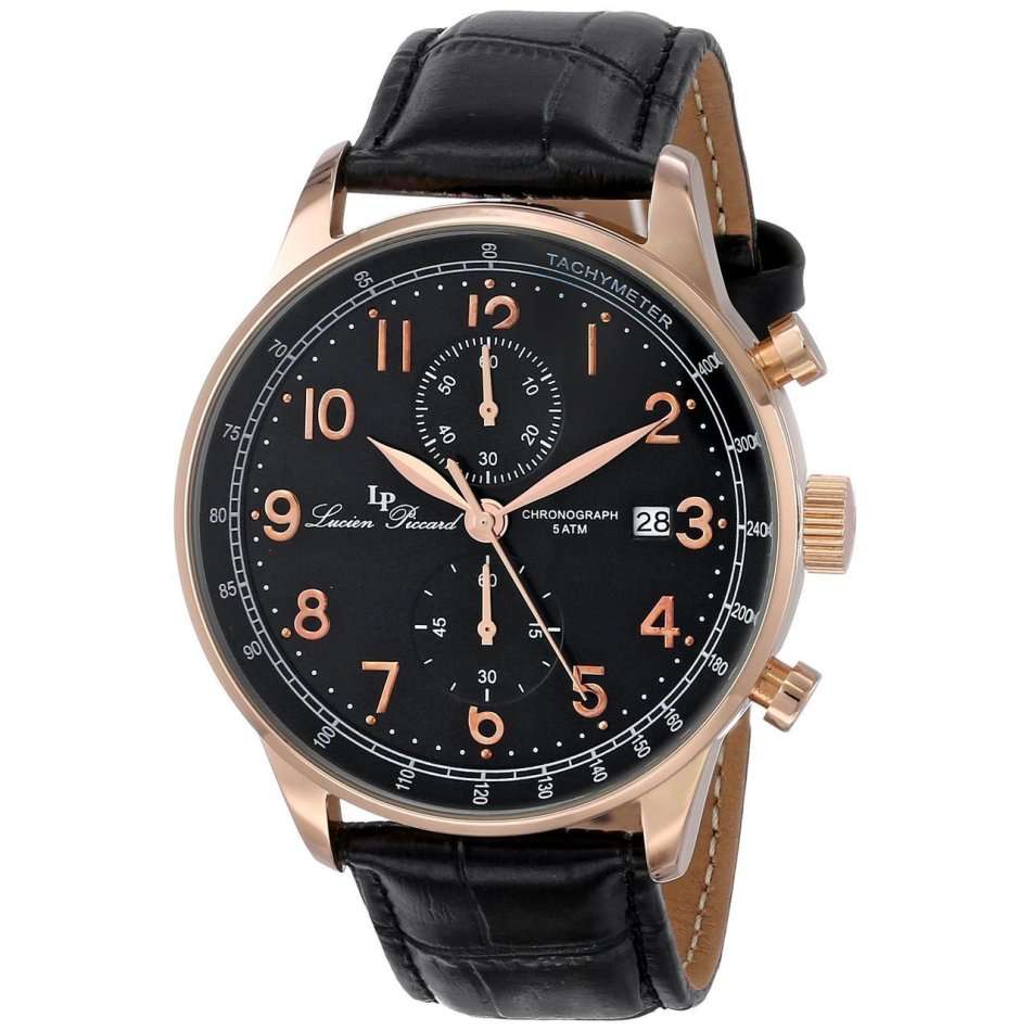 LATE ENTRY R7,390.00 ILUCIEN PICCARD®  MEN'S ROSE GOLD  W/ GENUINE BLACK LEATHER CHRONOGRAPH WATCH