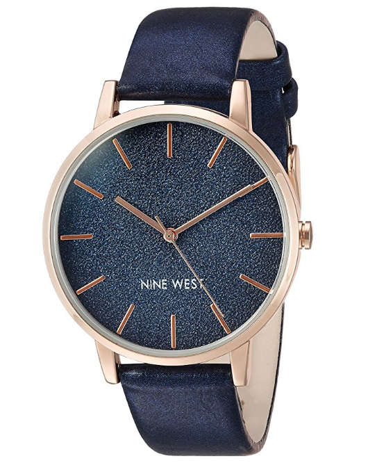 **GENUINE** NINE WEST® WOMEN'S GLITTER ACCENTED ROSE GOLD-TONE AND NAVY BLUE STRAP  W/  BOX & MANUAL