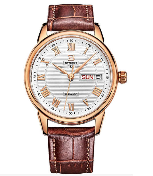 -I LATE ENTRY I-BINGER® LADIES WATCHES WRISTS DAY DATE W/ ROMAN NUMERAL ROSE GOLD TONE & BROWN LEATH