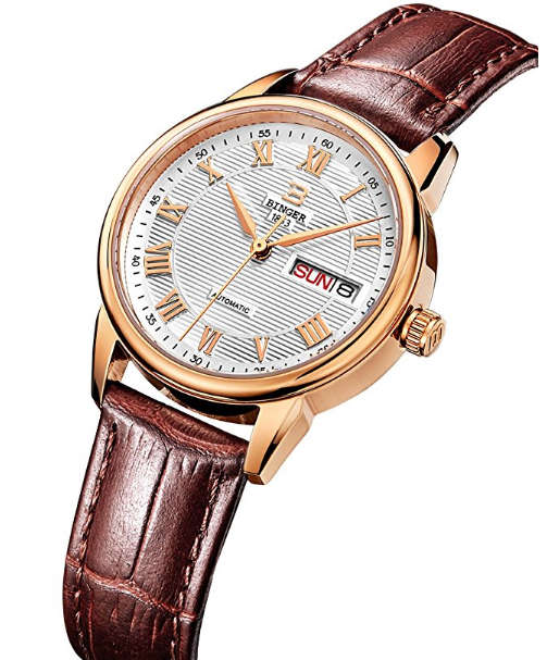 -I LATE ENTRY I-BINGER® LADIES WATCHES WRISTS DAY DATE W/ ROMAN NUMERAL ROSE GOLD TONE & BROWN LEATH