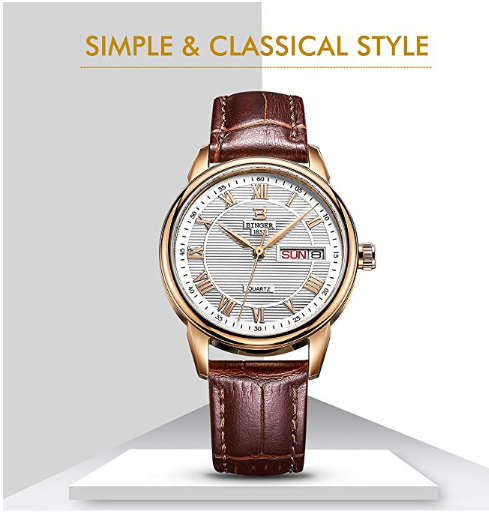 -I LATE ENTRY I-BINGER® LADIES WATCHES WRISTS DAY DATE W/ ROMAN NUMERAL ROSE GOLD TONE & BROWN LEATH