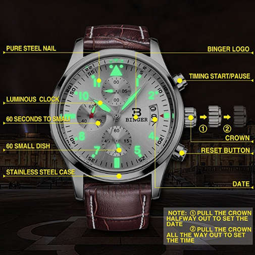 -I LATE ENTRY I-BINGER® MENS BUSINESS CASUAL M/FUNCTION QUARTZ WRIST WATCH LEATHER BAND ¿ BR