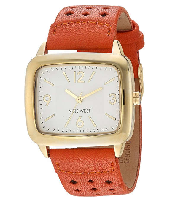 **GENUINE** NINE WEST® WOMEN'S  GOLD-TONE ORANGE PERFORATED STRAP WATCH W/  BOX & MANUAL
