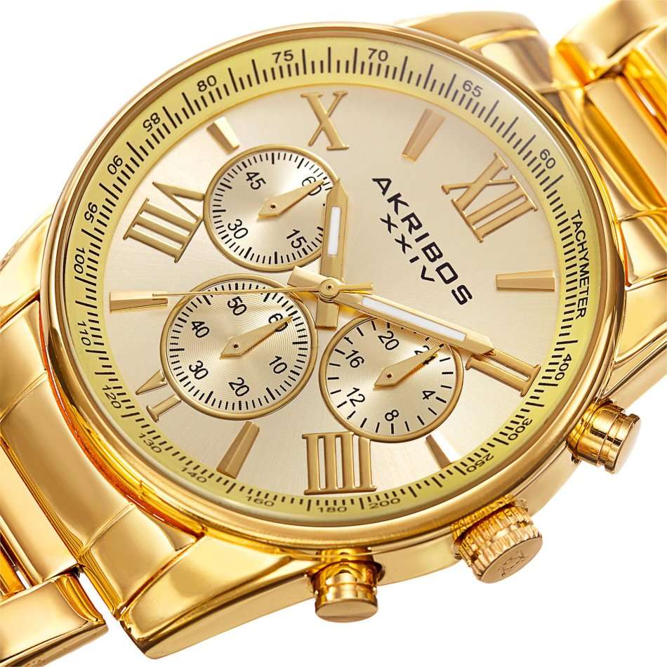 RRP R8421.44 I- AKRIBOS XXIV®  GOLD-TONE W/ YELLOW GOLD DIAL CHRONOGRAPH FUNCTIONS & TACHYMETER