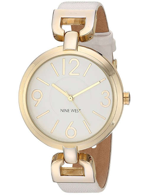 **GENUINE** NINE WEST® WOMENS GOLD-TONE AND WHITE STRAP WATCH W/  BOX & MANUAL