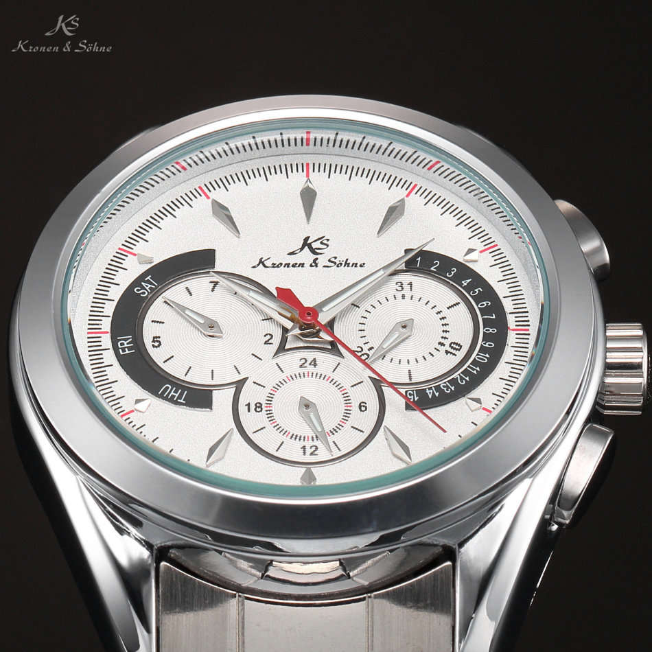 -I GENUINE I- KRONEN&SÖHNE NAVIGATOR WHITE DAY/DATE/24 HOURS AUTOMATIC MECHANICAL STEEL WRIST WATCH