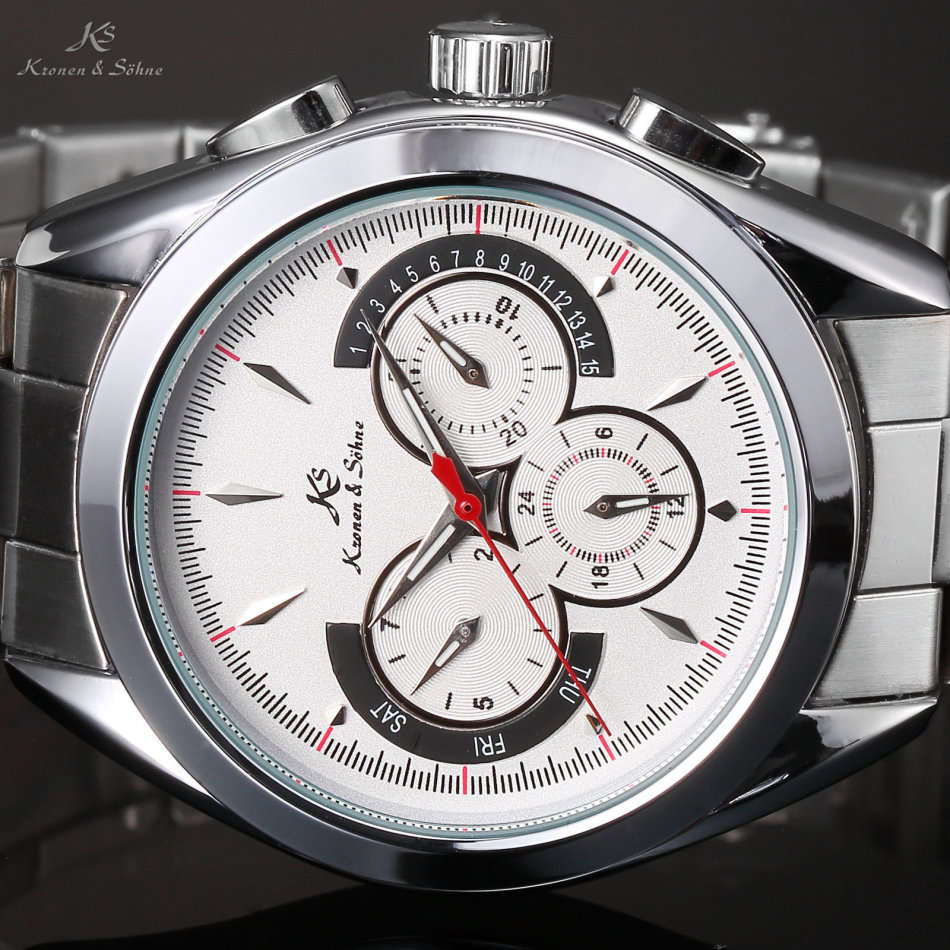 -I GENUINE I- KRONEN&SÖHNE NAVIGATOR WHITE DAY/DATE/24 HOURS AUTOMATIC MECHANICAL STEEL WRIST WATCH