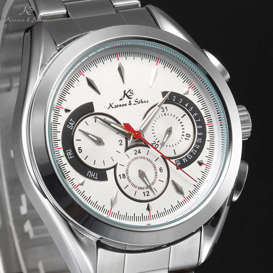 -I GENUINE I- KRONEN&SÖHNE NAVIGATOR WHITE DAY/DATE/24 HOURS AUTOMATIC MECHANICAL STEEL WRIST WATCH