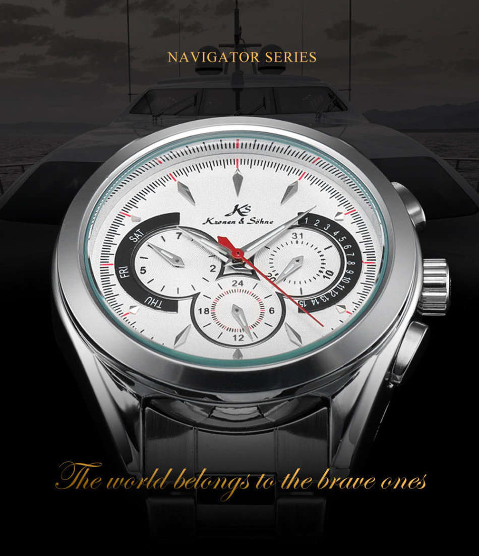 -I GENUINE I- KRONEN&SÖHNE NAVIGATOR WHITE DAY/DATE/24 HOURS AUTOMATIC MECHANICAL STEEL WRIST WATCH