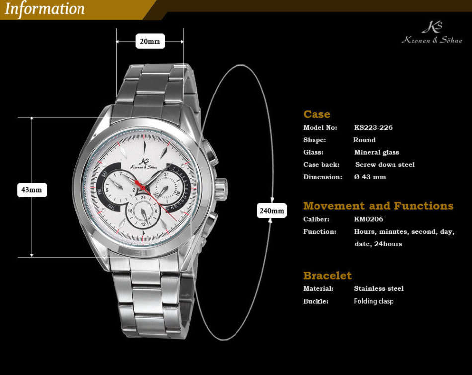 -I GENUINE I- KRONEN&SÖHNE NAVIGATOR WHITE DAY/DATE/24 HOURS AUTOMATIC MECHANICAL STEEL WRIST WATCH