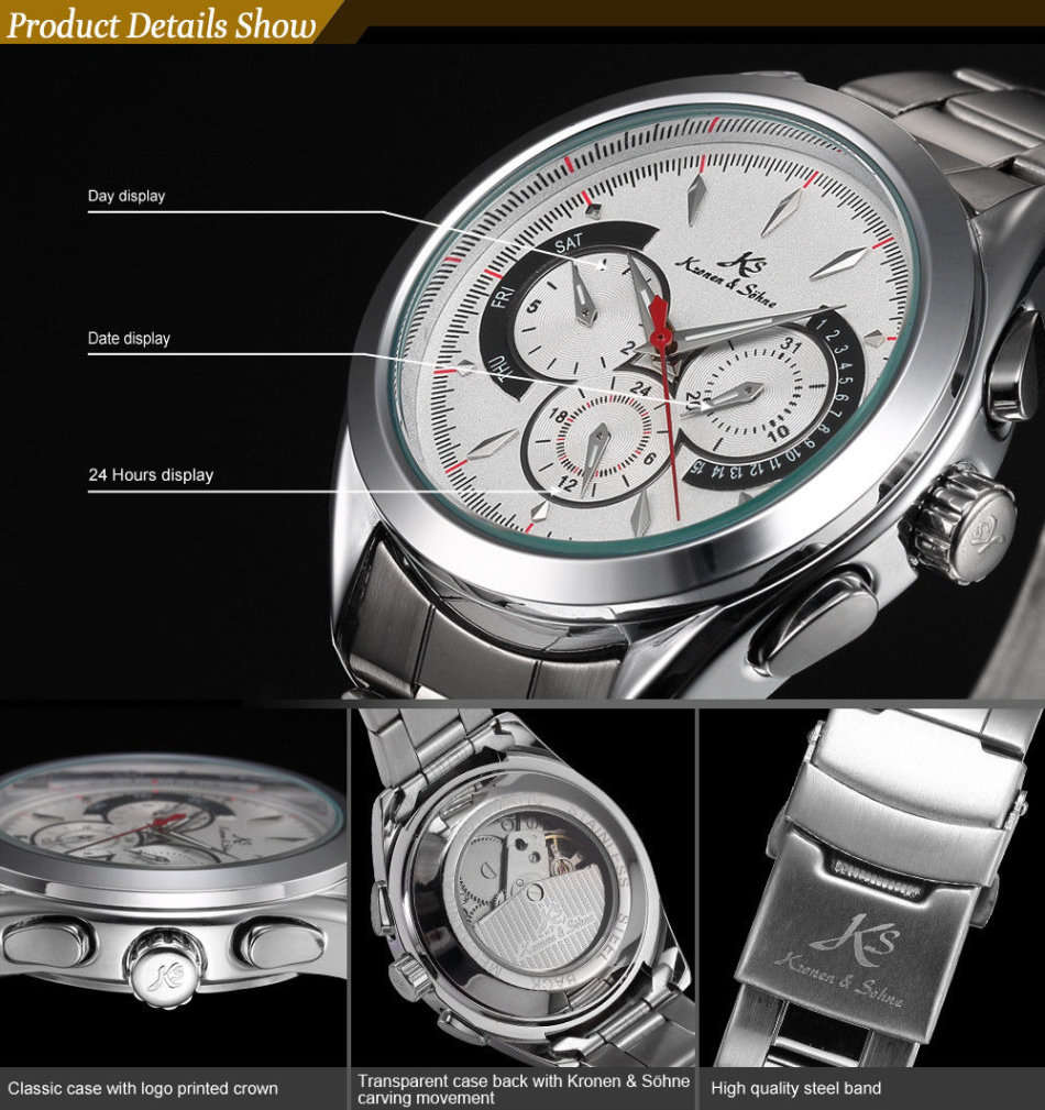 -I GENUINE I- KRONEN&SÖHNE NAVIGATOR WHITE DAY/DATE/24 HOURS AUTOMATIC MECHANICAL STEEL WRIST WATCH