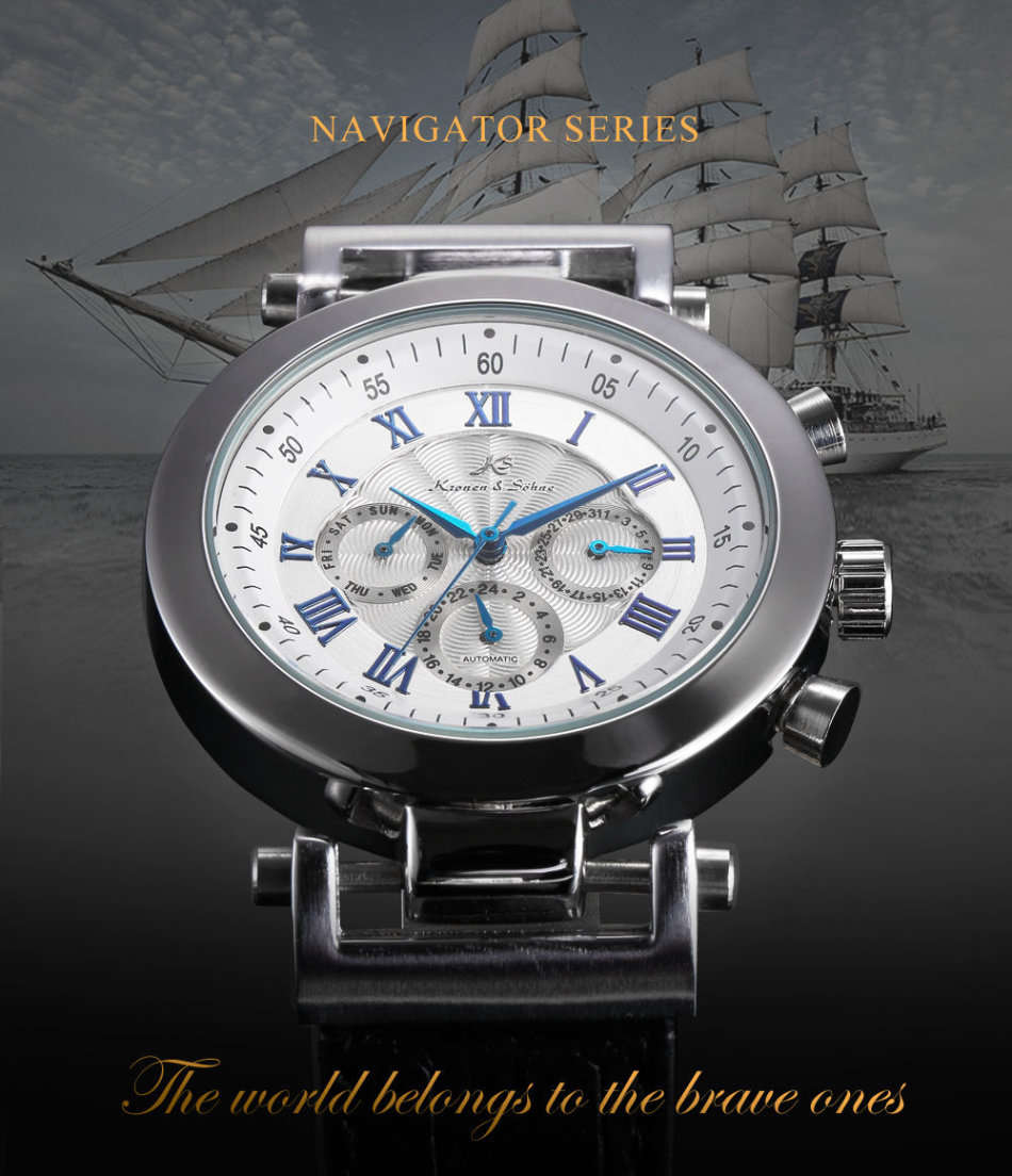 -I GENUINE I- KRONEN&SÖHNE NAVIGATOR LEATHER BAND AUTOMATIC MECHANICAL DATE DISPLAY WRIST WATCH