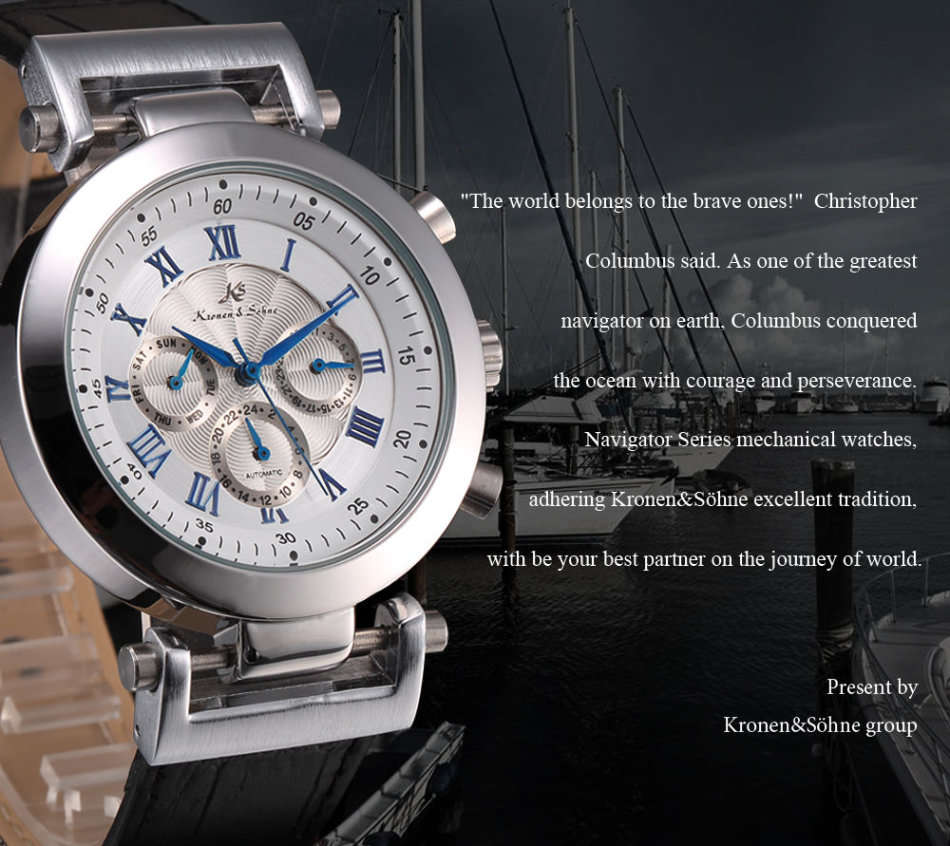 -I GENUINE I- KRONEN&SÖHNE NAVIGATOR LEATHER BAND AUTOMATIC MECHANICAL DATE DISPLAY WRIST WATCH