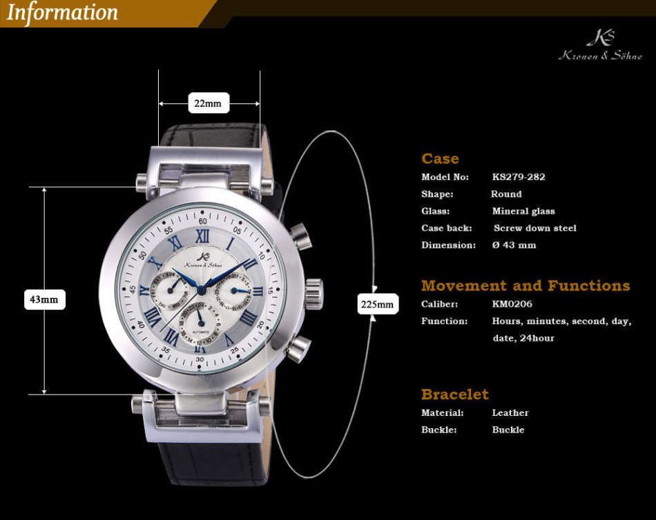 -I GENUINE I- KRONEN&SÖHNE NAVIGATOR LEATHER BAND AUTOMATIC MECHANICAL DATE DISPLAY WRIST WATCH