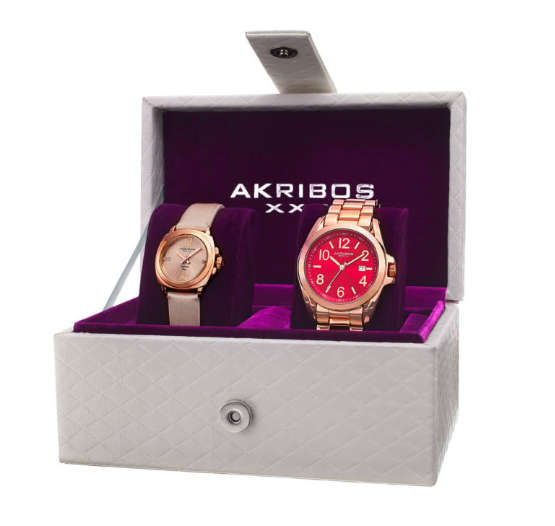 -I LATE ENTRY I- 2 X AKRIBOS XXIV® WOMEN'S ANALOG DISPLAY SWISS QUARTZ ROSE TONE WATCH SET