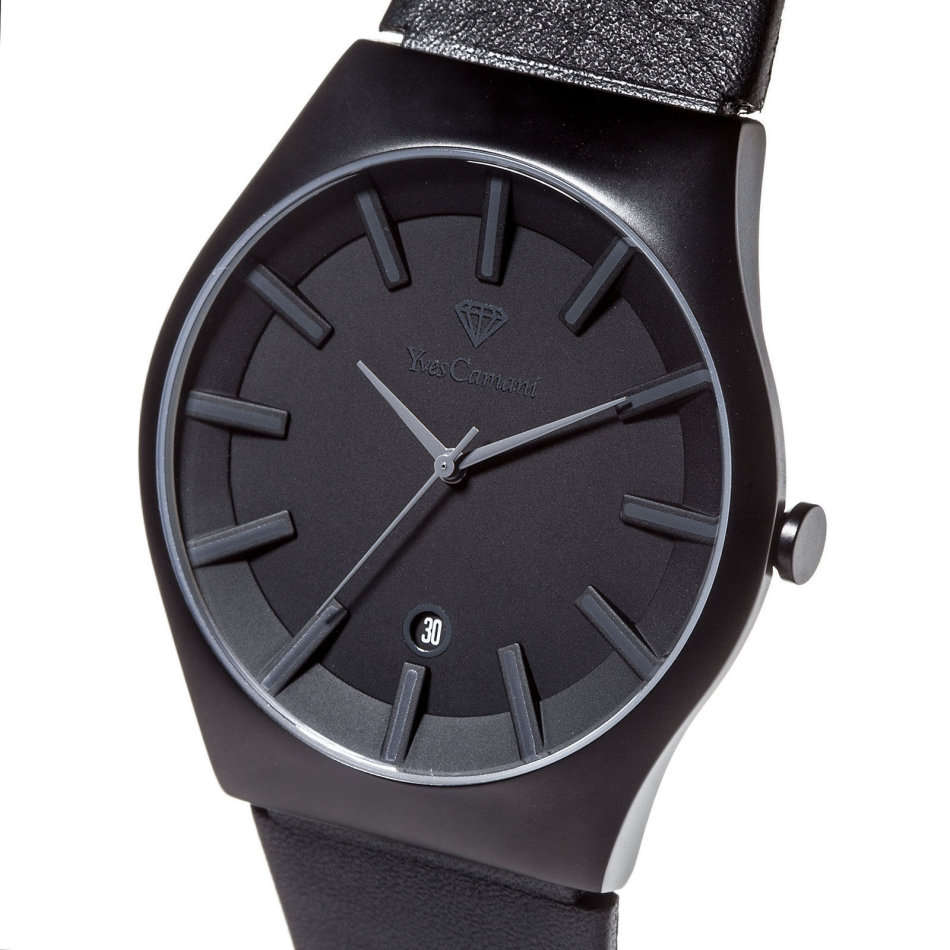 -I GENUINE I EXCLUSIVE I-  YVES-CAMANI® Louanne Women Date Display  Black Leather Strap Watch