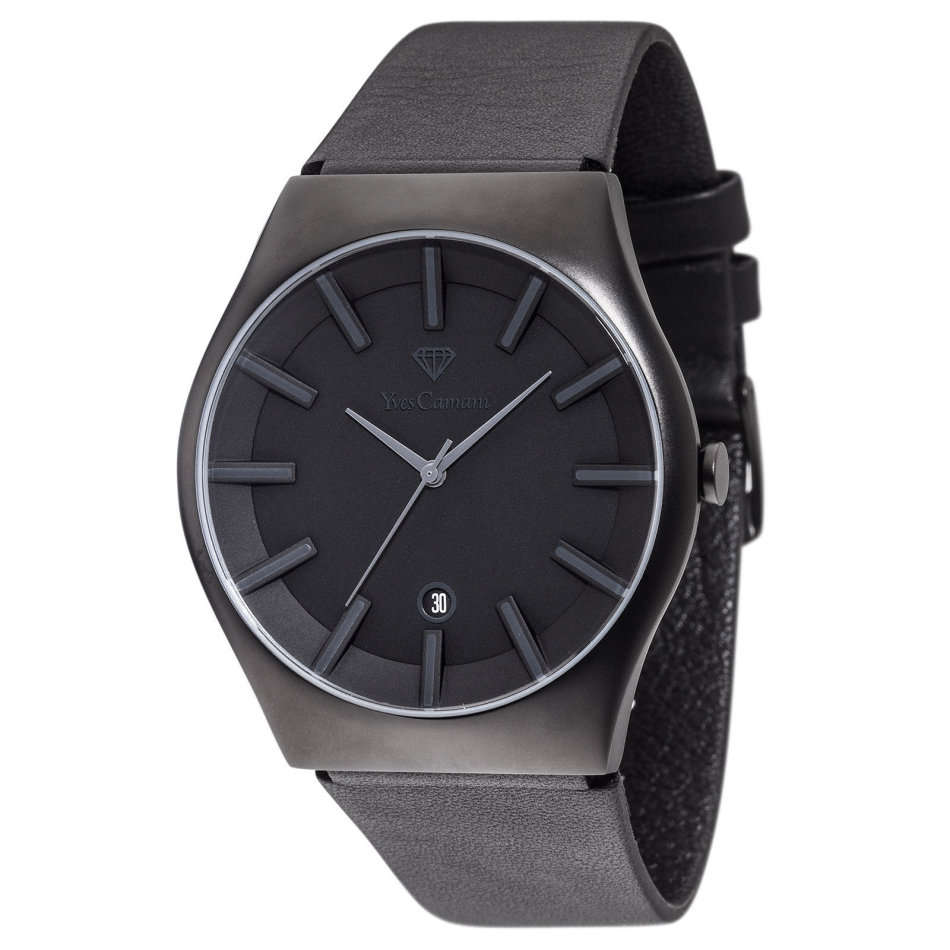 -I GENUINE I EXCLUSIVE I-  YVES-CAMANI® Louanne Women Date Display  Black Leather Strap Watch