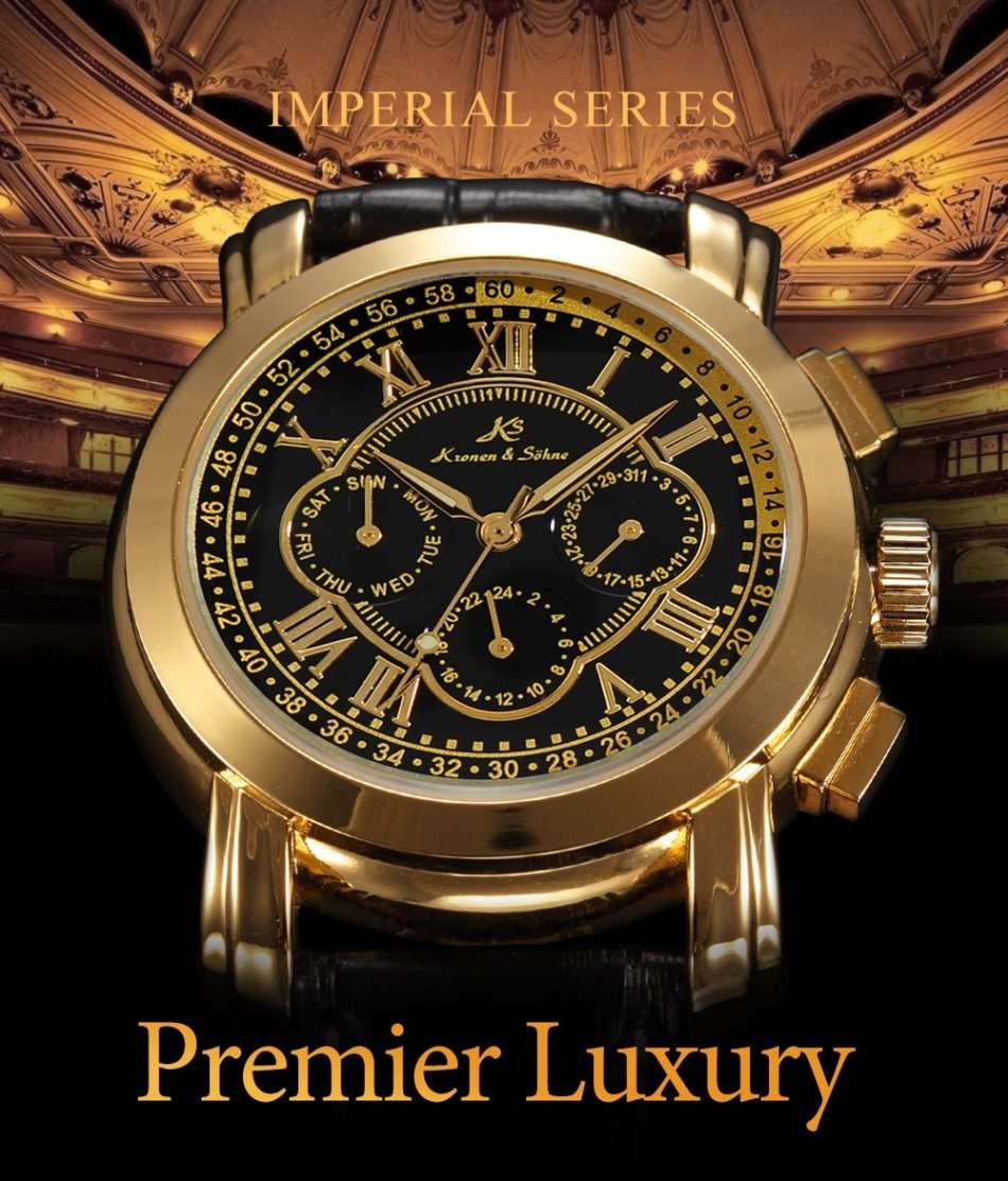 -I GENUINE I- KRONEN&SÖHNE Automatic Mechanical Date Day Black Leather 6 Hands Sport Men Watch